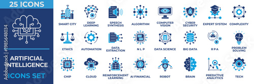 Artificial Intelligence Icon Set. Containing smart city, intelligence, deep learning, algorithm, cyber security, brain, big data, chip and more. Flat Blue Icon Vector Illustration.