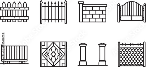 Minimalist fence line icons set, 8 modern garden gate and boundary wall vector symbols, black outline residential fencing and property security elements