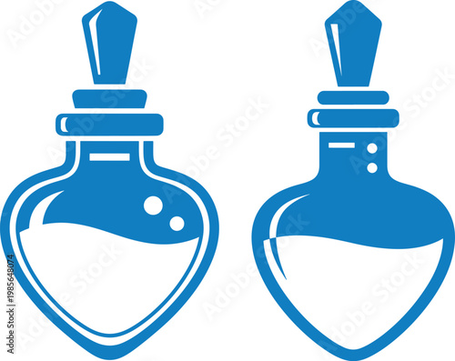 Blue vector icons of potion bottles with liquid