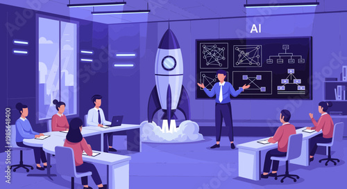 Business people in meeting with rocket.