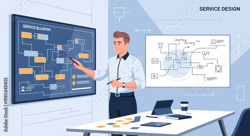 Businessman explaining service design process.