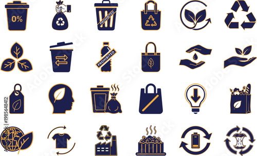 Zero Waste set of web icons in Navy Colour. A collection of eco friendly icons, including recycling, waste management, composting, trash, pollution, landfill, composting