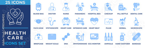 Healthcare Icon Set. Containing doctor, nurse, patient, paramedic, hospital bed, health checkup, pill bottle, dental care, stethoscope and more. Blue Icon Vector Illustration