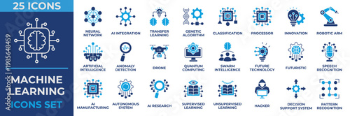 Machine Learning Icon Set. Containing robotic, neural network, processor, innovation, robotic arm, artificial intelligence, drone, futuristic and hacker. Flat Blue Icon Vector Illustration.