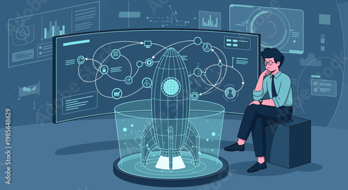 Businessman sitting with futuristic globe model.