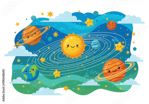 Cute cartoon solar system with planets and stars