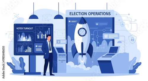 Businessman standing next to computer screen.