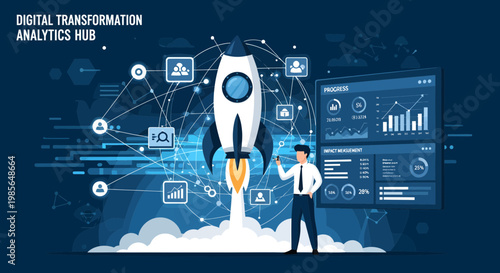 Businessman standing next to rocket.