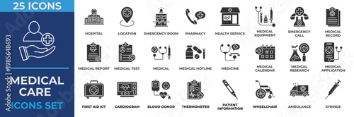 Medical Care Icon Set. Containing hospital, hospital, location, health service, pharmacy, medical equipment, medical, medicine, first aid kit, cardiogram and blood. Solid Icon Vector Illustration