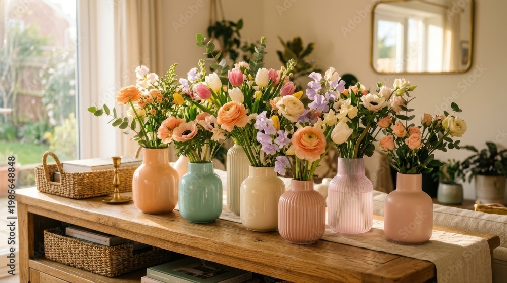 Fototapeta premium Beautiful spring flower arrangements in pastel vases on a wooden table
