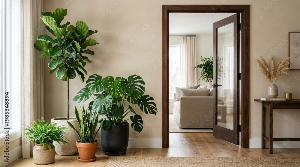 Fototapeta premium Cozy living room interior with lush green houseplants and natural light