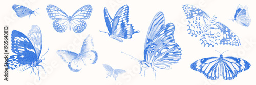 Blue cyanotype elements asset pack. Stipple dot butterflies silhouette. Delicate indigo blue nature vector stickers for template, card and graphic design