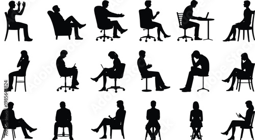 Fifteen seated people silhouettes in poses, flat vector design illustration