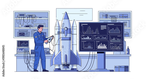 Man in blue working on rocket.