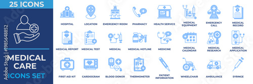 Medical Care Icon Set. Containing hospital, hospital, location, health service, pharmacy, medical equipment, medical, medicine, first aid kit, cardiogram and blood. Blue Icon Vector Illustration