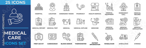 Medical Care Icon Set. Containing hospital, hospital, location, health service, pharmacy, medical equipment, medical, medicine, first aid kit, cardiogram and blood. Line Icon Vector Illustration