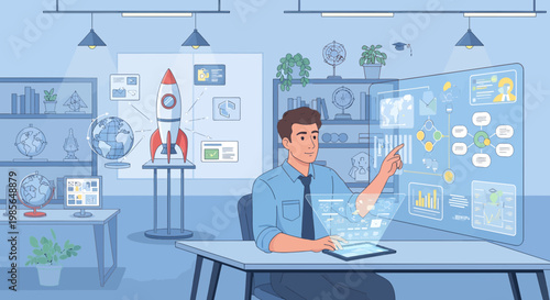 Man in office working on laptop.