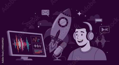 Man wearing headphones in front computer.