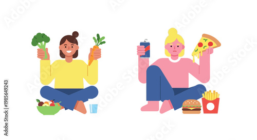 Illustration of two women choosing between healthy and unhealthy food options, representing dietary choices and lifestyle