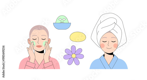 Beauty routine illustrations Woman applying facial mask and another with towel on head, surrounded by beauty products and a flower