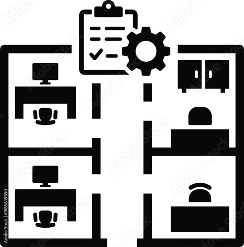 Black line graphic showing an office floor plan layout with staff members working at desks and a checklist with a gear symbol for management