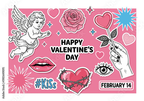 Valentines day sticker set with cupid, rose, heart, and lips