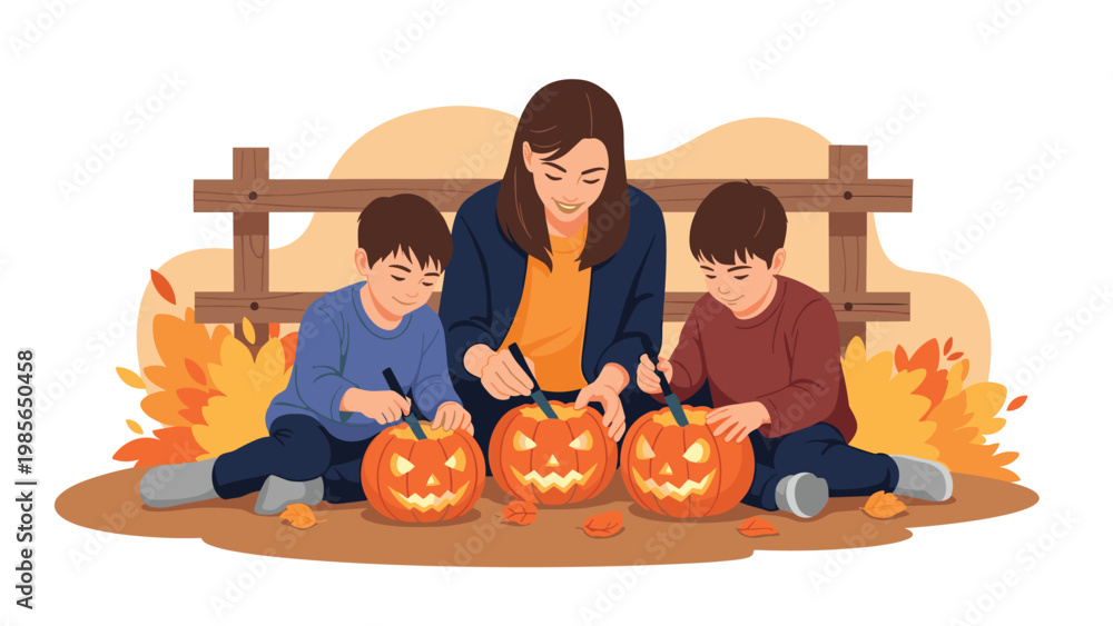 Fototapeta premium Smiling mother and her two sons carving jack-o-lanterns from pumpkins to prepare for a fun Halloween celebration outside.