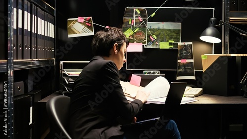 Tableau sur toile Criminal expert review case file, using laptop to search for culprit identity on surveillance footage