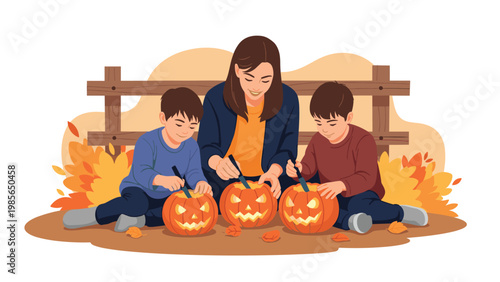 Smiling mother and her two sons carving jack-o-lanterns from pumpkins to prepare for a fun Halloween celebration outside.