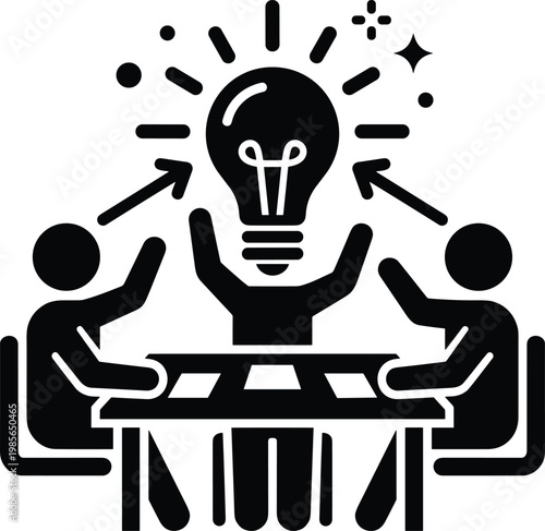 Three people sit at a table and share new ideas together while a light bulb appears above them to show a great plan