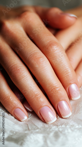 Close-up view of bridal hands showcasing a neat manicure and an engagement ring. The bride holds flowers as she prepares for her wedding ceremony. Natural light enhances the scene