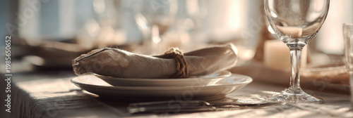 This wedding table showcases white ceramic plates neatly arranged with soft linen napkins and simple glassware. Fresh flowers add a touch of elegance to the setting in bright light