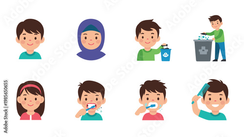 Educational icons showing children performing daily hygiene tasks like brushing teeth, washing, and combing hair.