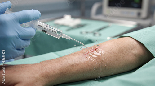 Medical staff cleans a wound with sterile saline in a hospital setting during a procedure on a patient’s arm
