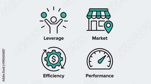 Business icons including leverage, market, efficiency, and performance Vector