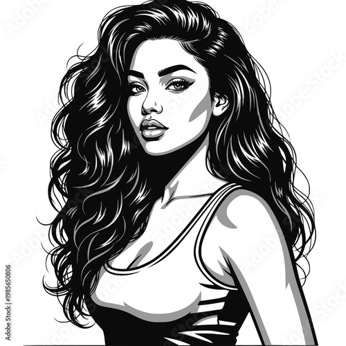 Stylized monochrome portrait of a woman with voluminous curly hair, design for salon branding, apparel prints, and beauty blog graphics. Vector illustration. Transparent SVG version.