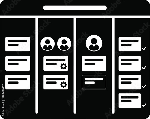 A dark user interface layout shows a project management board with tasks and user icons organized into columns for tracking work progress