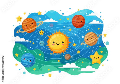 Cute cartoon solar system illustration
