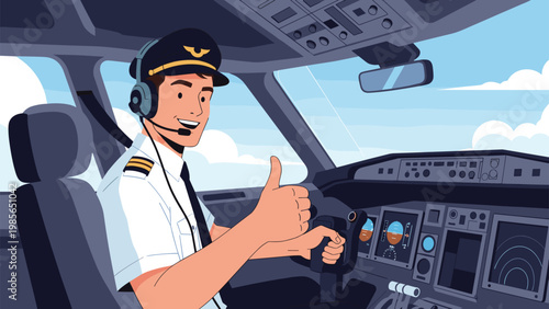 Professional pilot in a uniform sitting in an airplane cockpit and giving a positive thumbs up gesture during a flight.