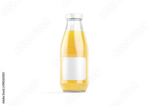 Blank transparent glass pineapple juice bottle with white label mockup png, transparent background, 3d rendering. Empty organic pine drink in ja mock up cut out. Clear juicing packaging with sticker.