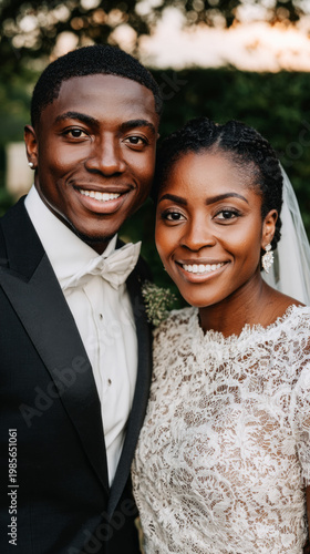 Afro-American bride and groom stand closely, smiling at each other, in a garden setting during their wedding. The sun sets behind them, creating a warm atmosphere for their special day