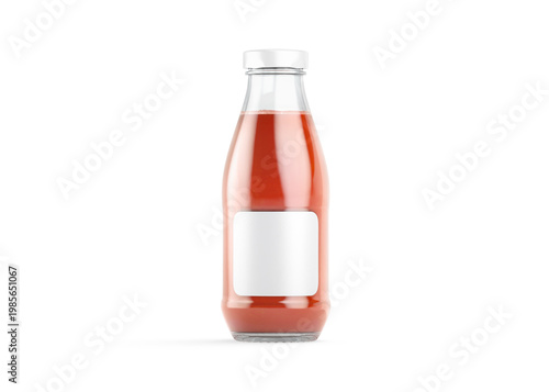 Blank transparent glass tomato juice bottle with white label mockup png, transparent background, 3d rendering. Empty tomat beverage in acrylic pack mock up cut out. Clear vegetable squeezed drink.