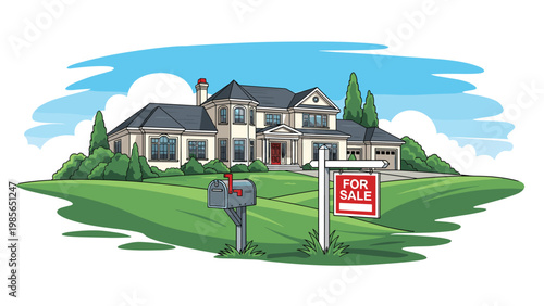 Beautiful large suburban family house for sale with a manicured green lawn and a real estate sign in the front yard under a blue sky.