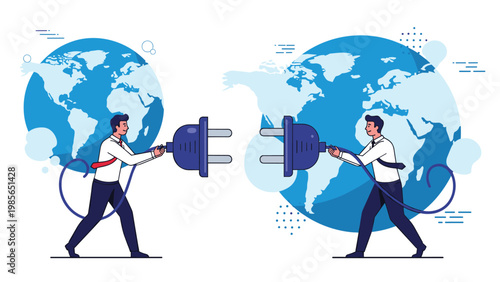 Two businessmen connecting large electrical plugs in front of world maps representing global connectivity and partnership.
