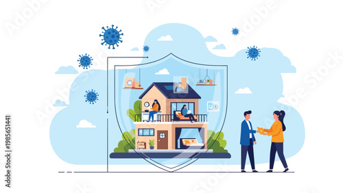 Happy family staying safe inside their home protected by a giant shield while virus particles float in the air outside.