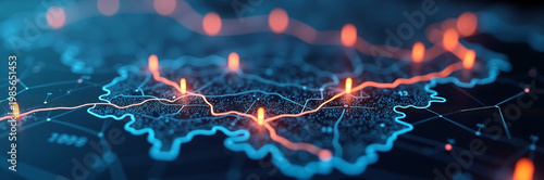 Digital map with glowing connections highlighting data points across region. Interactive technology visualizes network trends and geographical insights for analytics.