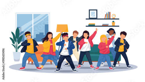 Group of diverse children and teenagers practicing a dance routine together in a spacious and modern home living room environment.