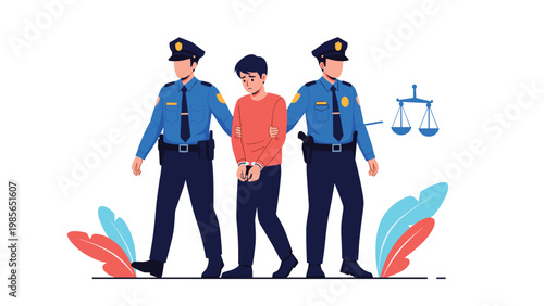 Handcuffed young man being escorted by two police officers in uniform with symbolic scales of justice appearing in background.