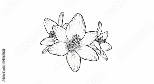 A line drawing showcases a cluster of delicate, open bell-shaped flowers with six petals