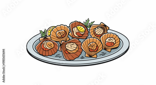 A plate of artistically drawn scallops, served with lemon slices and greenery